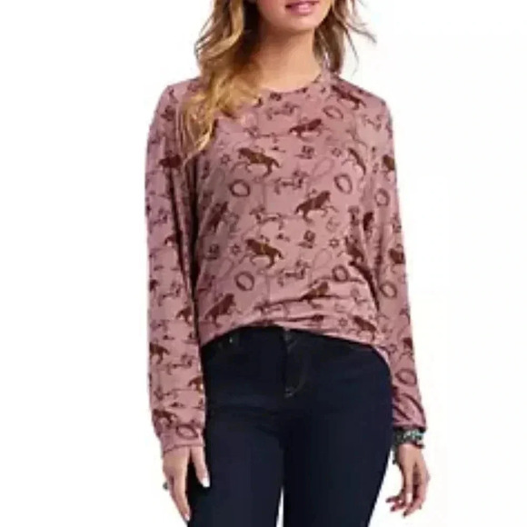Ariat Bandit Town Horse roping print, scoop neck, long sleeve soft stretch top - Picture 9 of 10